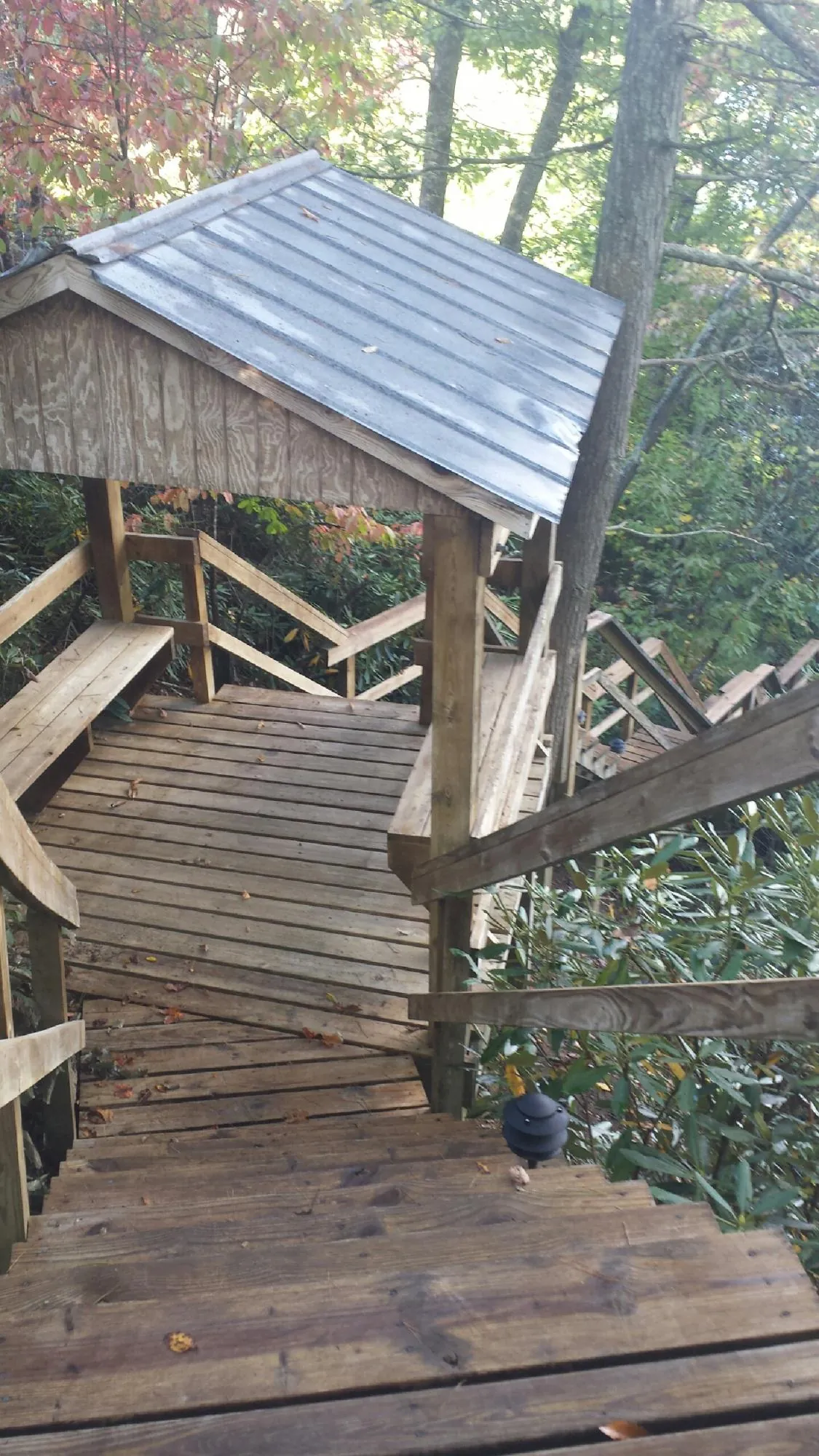 Metal roofed shelter over wooden steps on a wooded walkway — Skylight Repair & Installation work by our crew in Eastview